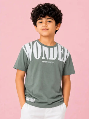 BloomUp Boys Sage Green Printed T-Shirt – Half Sleeve Casual Summer Tee