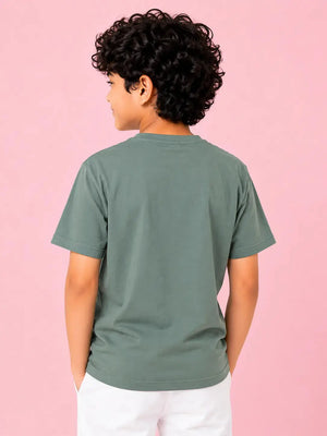 BloomUp Boys Sage Green Printed T-Shirt – Half Sleeve Casual Summer Tee