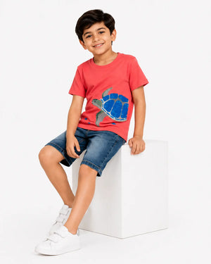 BloomUp Boys Coral Towel Embroidery T-Shirt – Half Sleeve Casual Summer Tee