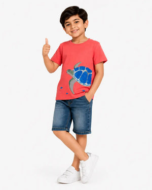 BloomUp Boys Coral Towel Embroidery T-Shirt – Half Sleeve Casual Summer Tee