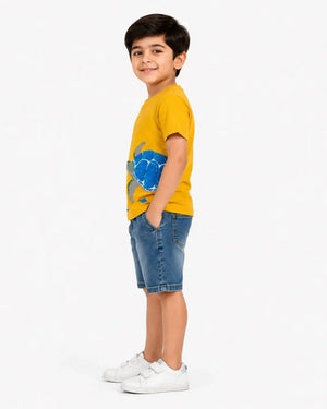 BloomUp Boys Mustard Towel Embroidery T-Shirt –Half Sleeve Casual Summer Tee