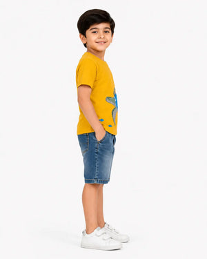 BloomUp Boys Mustard Towel Embroidery T-Shirt –Half Sleeve Casual Summer Tee
