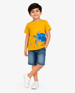 BloomUp Boys Mustard Towel Embroidery T-Shirt –Half Sleeve Casual Summer Tee