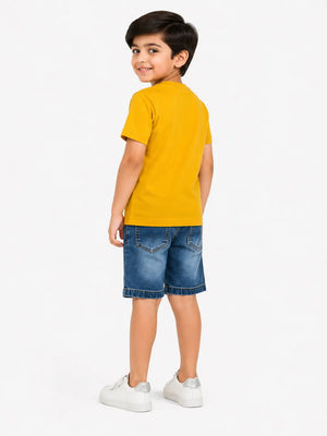BloomUp Boys Mustard Towel Embroidery T-Shirt –Half Sleeve Casual Summer Tee