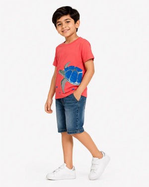 BloomUp Boys Coral Towel Embroidery T-Shirt – Half Sleeve Casual Summer Tee