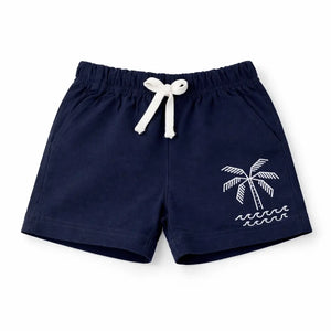 Kids Navy Blue Palm Tree Printed Cotton Shorts with Drawstring Waist BloomUp