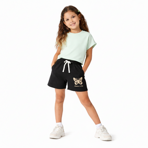 Girls Black Butterfly Print Cotton Shorts with Drawstring Waist BloomUp