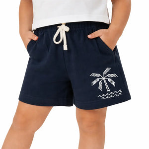 Kids Navy Blue Palm Tree Printed Cotton Shorts with Drawstring Waist BloomUp