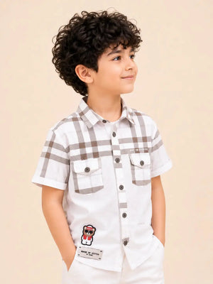 BloomUp Boys Brown Checked Casual Shirt – Half Sleeve Summer Shirt