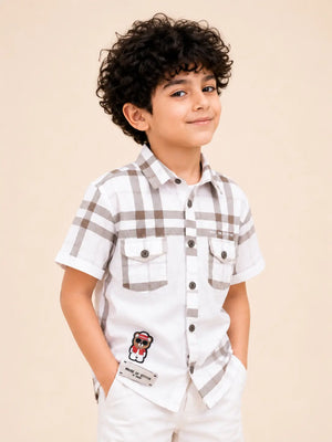 BloomUp Boys Brown Checked Casual Shirt – Half Sleeve Summer Shirt