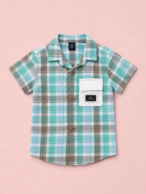 BloomUp Boys Mint Checked Casual Shirt – Half Sleeve Summer Shirt