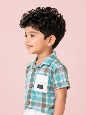 BloomUp Boys Mint Checked Casual Shirt – Half Sleeve Summer Shirt