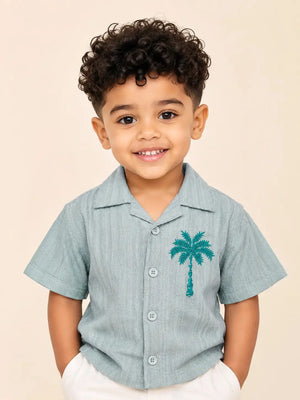 BloomUp Boys Pista Green Embroidered Casual Shirt – Half Sleeve Summer Shirt