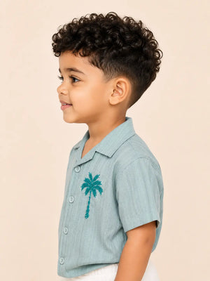 BloomUp Boys Pista Green Embroidered Casual Shirt – Half Sleeve Summer Shirt