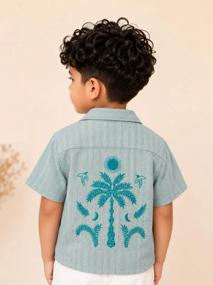 BloomUp Boys Pista Green Embroidered Casual Shirt – Half Sleeve Summer Shirt