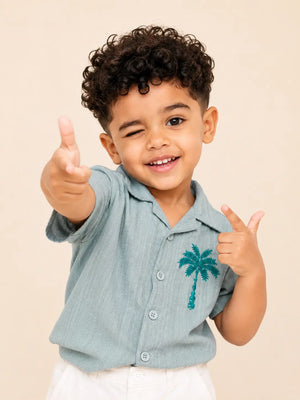 BloomUp Boys Pista Green Embroidered Casual Shirt – Half Sleeve Summer Shirt