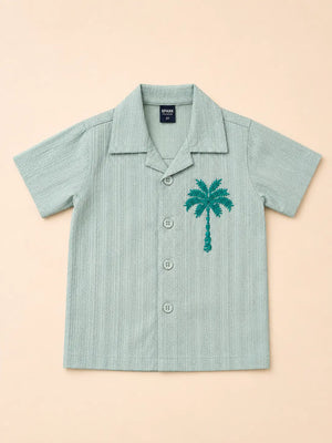 BloomUp Boys Pista Green Embroidered Casual Shirt – Half Sleeve Summer Shirt
