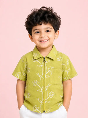 BloomUp Boys Neon Green Embroidered Zip-Up Casual Shirt – Half Sleeve Summer Shirt