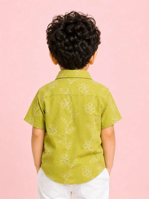 BloomUp Boys Neon Green Embroidered Zip-Up Casual Shirt – Half Sleeve Summer Shirt