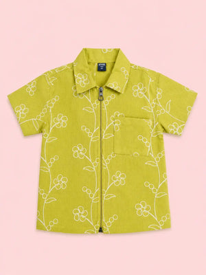 BloomUp Boys Neon Green Embroidered Zip-Up Casual Shirt – Half Sleeve Summer Shirt