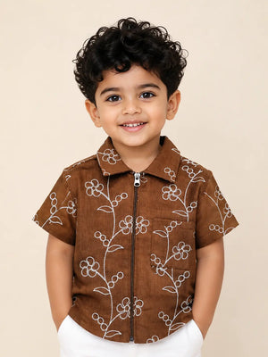 BloomUp Boys Rust Embroidered Zip-Up Casual Shirt – Half Sleeve Summer Shirt