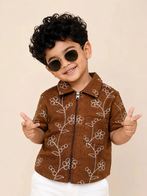 BloomUp Boys Rust Embroidered Zip-Up Casual Shirt – Half Sleeve Summer Shirt