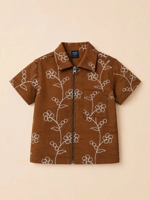 BloomUp Boys Rust Embroidered Zip-Up Casual Shirt – Half Sleeve Summer Shirt