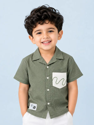 BloomUp Boys Olive Green Textured Casual Shirt – Half Sleeve Summer Shirt