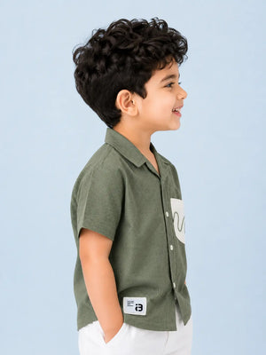 BloomUp Boys Olive Green Textured Casual Shirt – Half Sleeve Summer Shirt