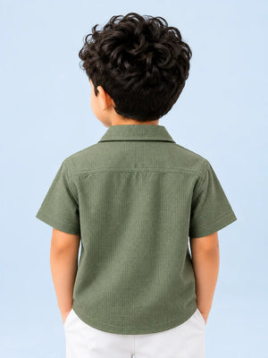 BloomUp Boys Olive Green Textured Casual Shirt – Half Sleeve Summer Shirt