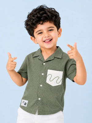 BloomUp Boys Olive Green Textured Casual Shirt – Half Sleeve Summer Shirt