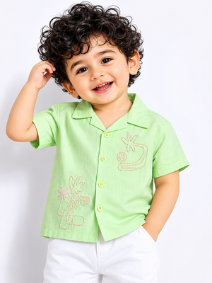 Lime Green Embroidered Resort Shirt for Boys – Soft Cotton Summer Casual Shirt BloomUp
