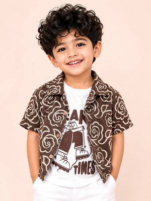 BloomUp Boys Coffee Brown Embroidered Shirt with Inner T-Shirt – Casual Half Sleeve Summer Shirt