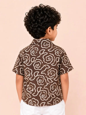 BloomUp Boys Coffee Brown Embroidered Shirt with Inner T-Shirt – Casual Half Sleeve Summer Shirt