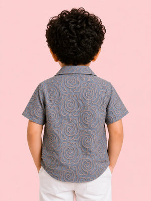BloomUp Boys Grey Embroidered Shirt with Inner T-Shirt – Casual Half Sleeve Summer Shirt