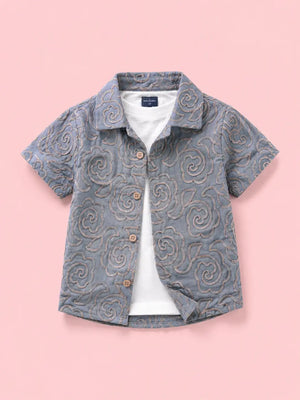 BloomUp Boys Grey Embroidered Shirt with Inner T-Shirt – Casual Half Sleeve Summer Shirt