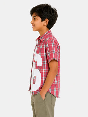 BloomUp Boys Pink Checked Zip-Up Shirt with Attached Inner Look – Casual Half Sleeve Summer Shirt
