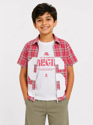 BloomUp Boys Pink Checked Zip-Up Shirt with Attached Inner Look – Casual Half Sleeve Summer Shirt