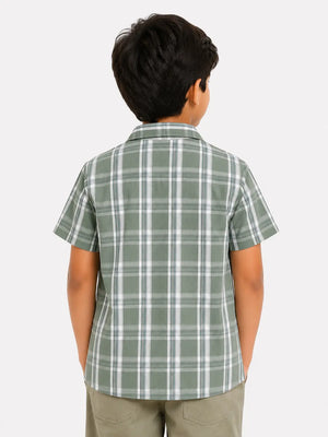 BloomUp Boys Green Checked Zip-Up Shirt with Attached Inner Look – Casual Half Sleeve Summer Shirt