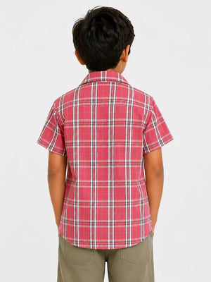 BloomUp Boys Pink Checked Zip-Up Shirt with Attached Inner Look – Casual Half Sleeve Summer Shirt