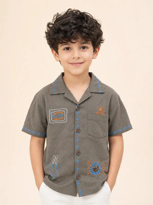 BloomUp Boys Coffee Brown Embroidered Casual Shirt – Half Sleeve Summer Shirt