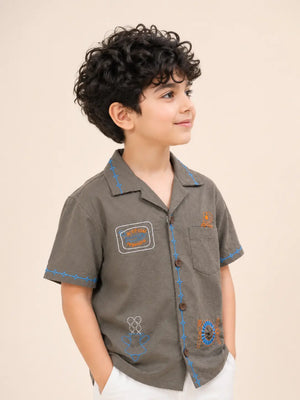 BloomUp Boys Coffee Brown Embroidered Casual Shirt – Half Sleeve Summer Shirt