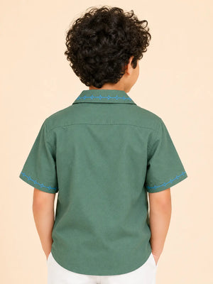 BloomUp Boys Green Embroidered Casual Shirt – Half Sleeve Summer Shirt