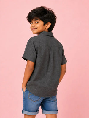 BloomUp Boys Charcoal Grey Utility Pocket Casual Shirt – Half Sleeve Summer Shirt