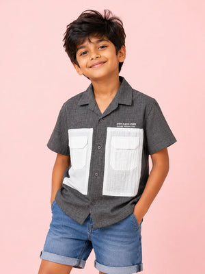 BloomUp Boys Charcoal Grey Utility Pocket Casual Shirt – Half Sleeve Summer Shirt