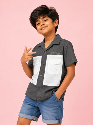 BloomUp Boys Charcoal Grey Utility Pocket Casual Shirt – Half Sleeve Summer Shirt