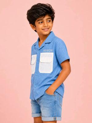 BloomUp Boys Sky Blue Utility Pocket Casual Shirt – Half Sleeve Summer Shirt