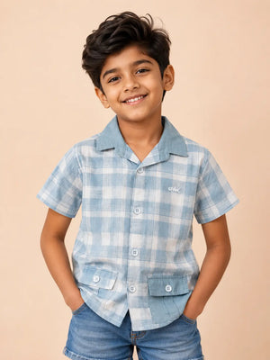 BloomUp Boys Sky Blue Checked Casual Shirt – Half Sleeve Summer Shirt