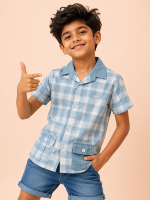 Boys Blue Check Short Sleeved Soft Cotton Kids Fashion Wear BloomUp