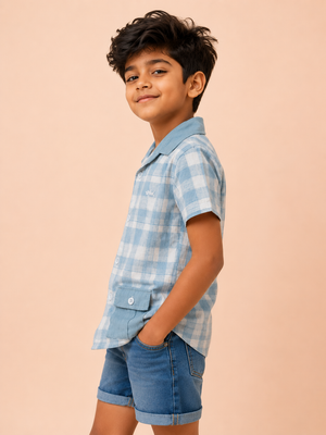 Boys Blue Check Short Sleeved Soft Cotton Kids Fashion Wear BloomUp